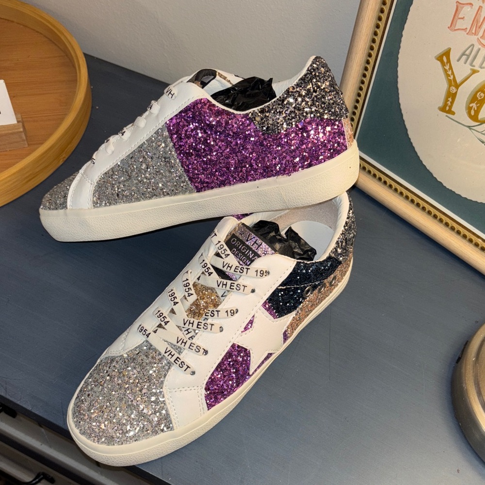 Glitter Sneakers - Silver, Purple, and Black